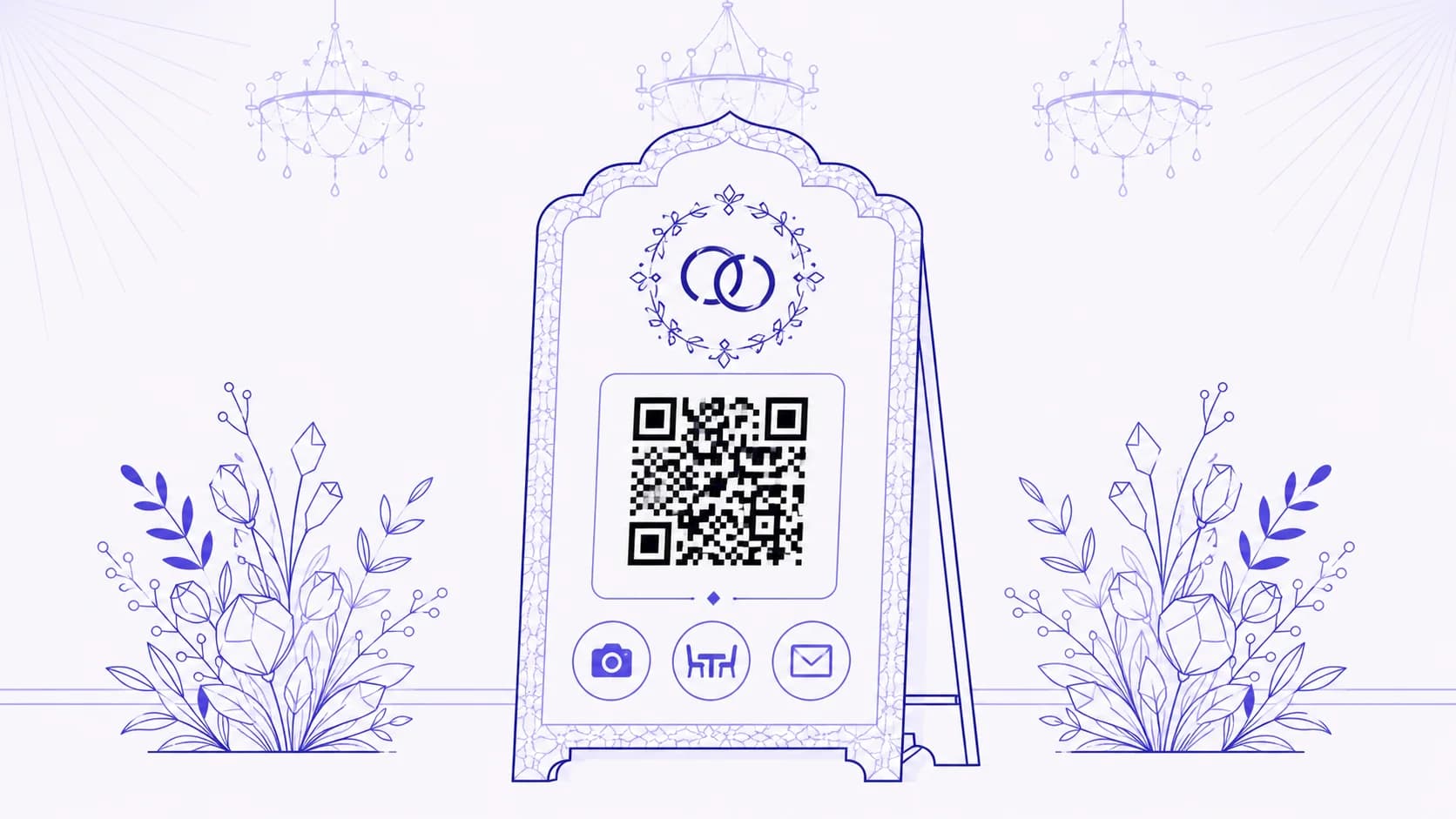 رسم مسطّح متّجهي للوحة لافتة مناسبات أنيقة من نوع A بقمّة مقوّسة مزخرفة، مرسومة بلون نيلي عميق على خلفيّة بيضاء مائلة للوردي. في أعلى اللوحة، شعار زخرفي مكوّن من حلقتَين متشابكتَين داخل إكليل دائري من أوراق هندسيّة. في المنتصف، رمز QR أسود بارز. تحت الرمز، ثلاث شارات أيقونيّة دائريّة صغيرة بلون نيلي مميّز — كاميرا، طاولة وكرسي، ومظروف — تمثّل مشاركة الصور، ومخطّط الجلوس، وتأكيد الحضور. تحفّ اللافتة على الجانبَين ترتيبات زهور مجرّدة من البراعم والأوراق المنمّقة. فوق المشهد، ثلاثة أشكال ظلّيّة خفيفة لثرّيات.